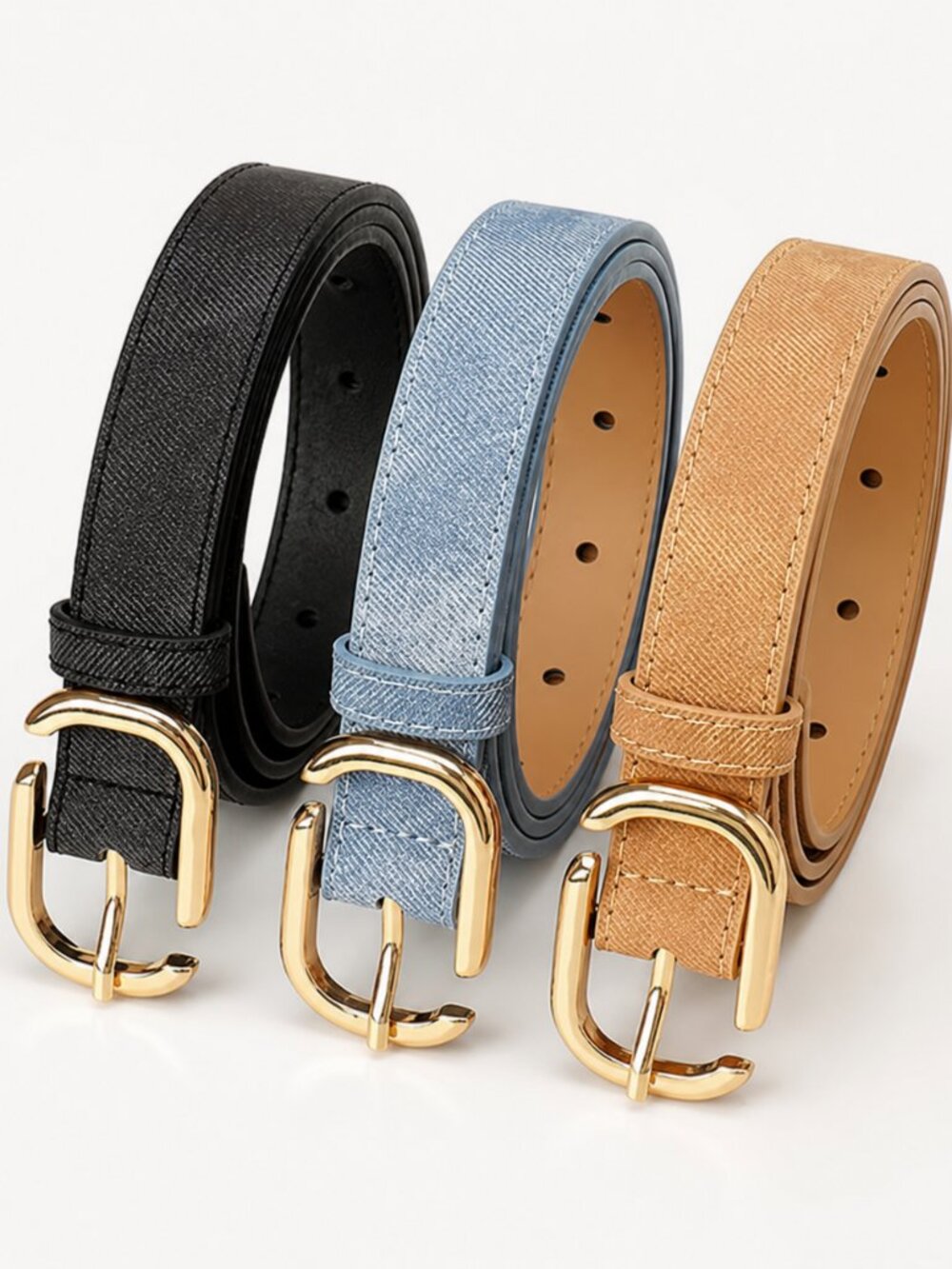JENORO 3 Pack Women's Faux Leather Belts Black Beige Denim Blue Gold Buckle